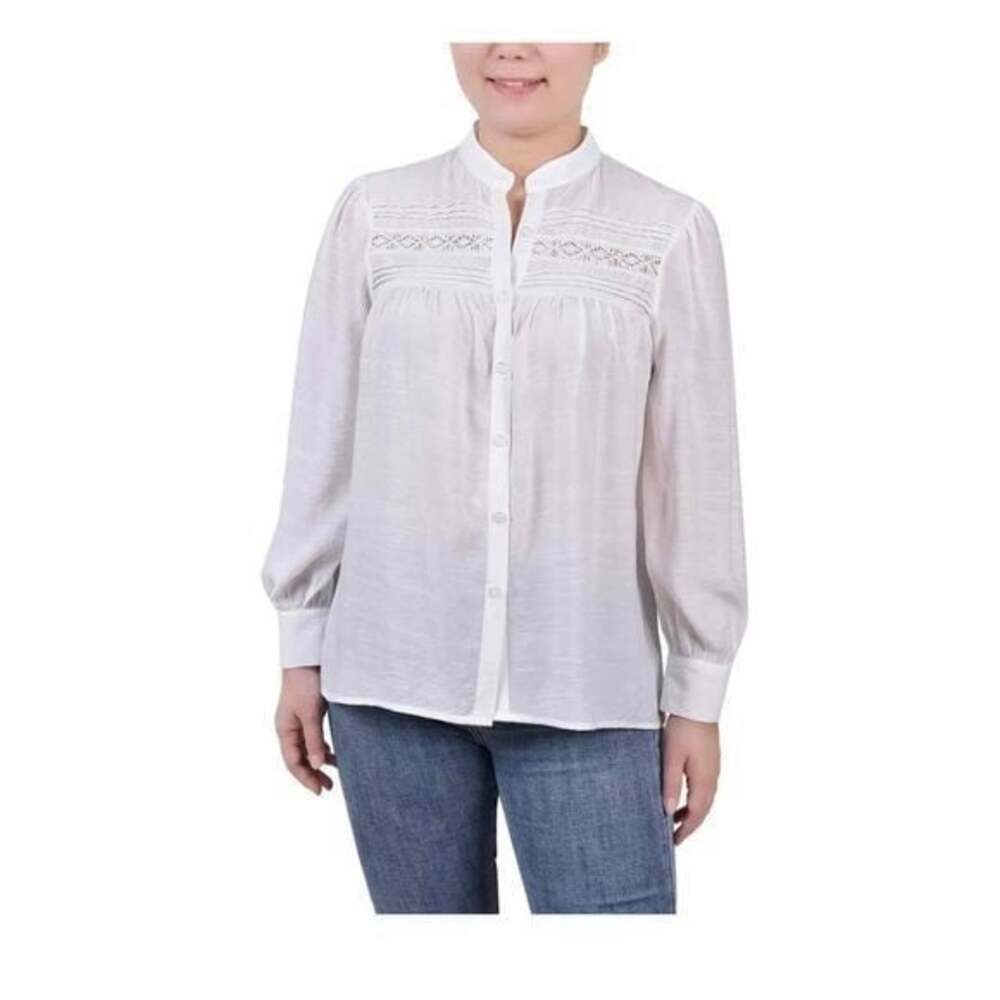NY Collection Petite White Crochet Long Sleeve Blouse Size P/LUS New Tags